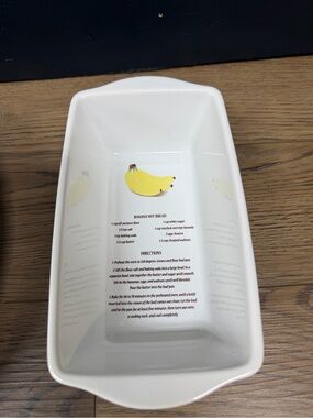 Source Unknown White Ceramic Loaf Pan with Yellow Banana Illustration